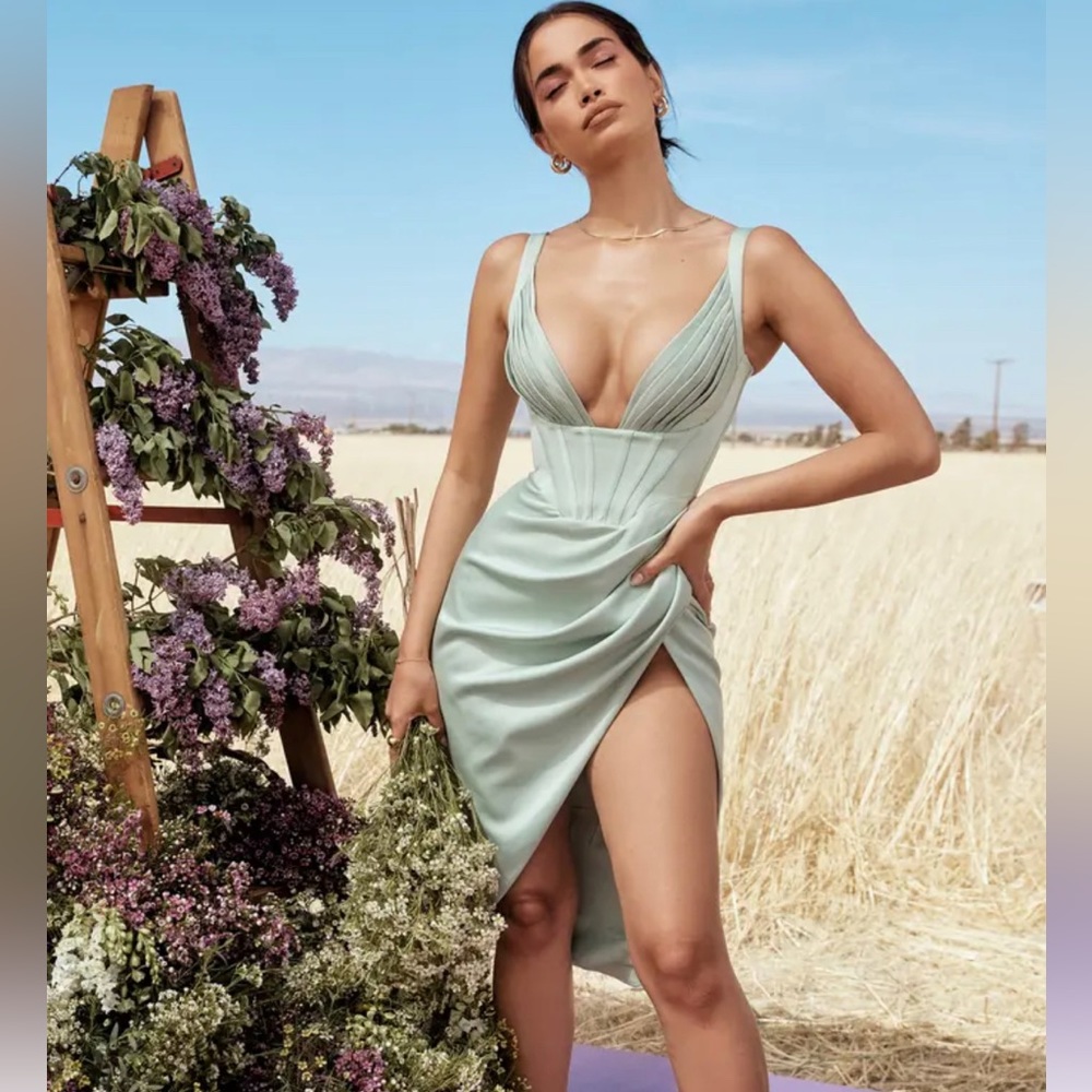 House of CB Sage Green Plunge Draped Midi Dress